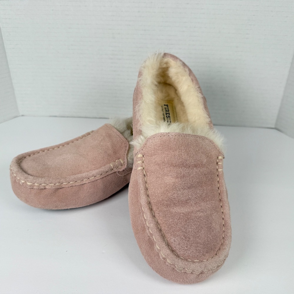 Fireside by Dearfoams Mel Moccasin Slippers Womens 7 dusty Pink Suede Shearling